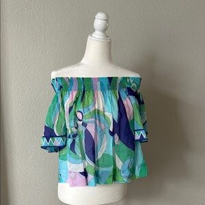 Emilio Pucci Off-Shoulder Abstract Print Top in Green, Blue & Purple